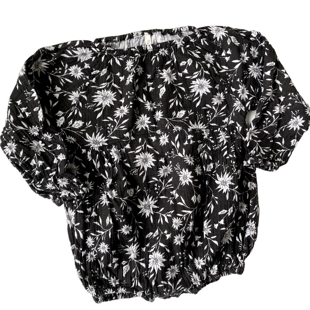 Rylee + Cru Floral Bubble Romper Cotton Gauze - Black White Longer Sleeves 2-3T